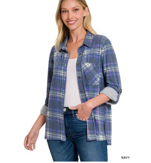 Navy Plaid Roll Up Long Sleeve  Shacket