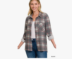 Navy Plaid Roll Up Long Sleeve  Shacket