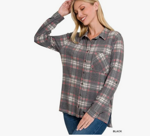 Navy Plaid Roll Up Long Sleeve  Shacket