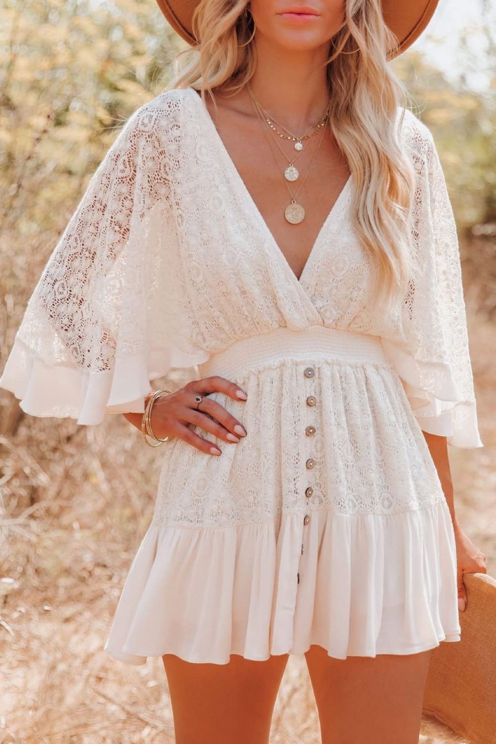 lace surplice dress White Lace Midi Dress - Tiered Surplice Dress - Lace Midi Dress