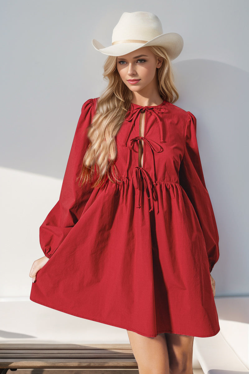 Double Take Christmas Front Tied Long Sleeve Mini Dress - Blessed & Boujee Boutique Double Take Christmas Front Tied Long Sleeve Mini Dress - Blessed & Boujee Boutique