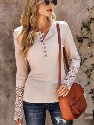 Lace Detail Half Button Round Neck Long Sleeve Shirt