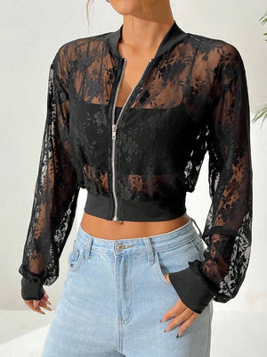 Elegant Zip Up Lace Jacket