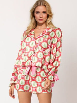 Christmas Tied Printed Collared Neck Long Sleeve Top and Shorts Set