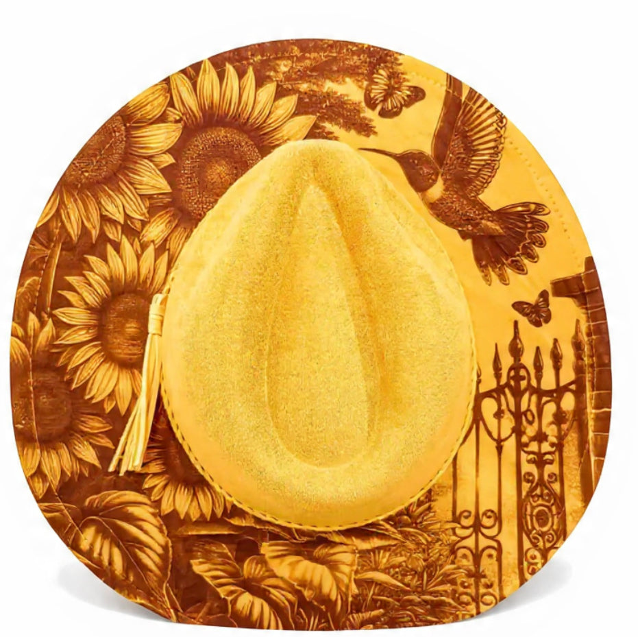 Elegant Wide Brim Hat with Engraved Hummingbird & Sunflower
