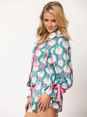 Christmas Tied Printed Collared Neck Long Sleeve Top and Shorts Set