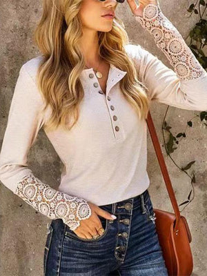 Lace Detail Half Button Round Neck Long Sleeve Shirt