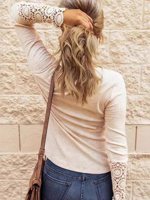 Lace Detail Half Button Round Neck Long Sleeve Shirt