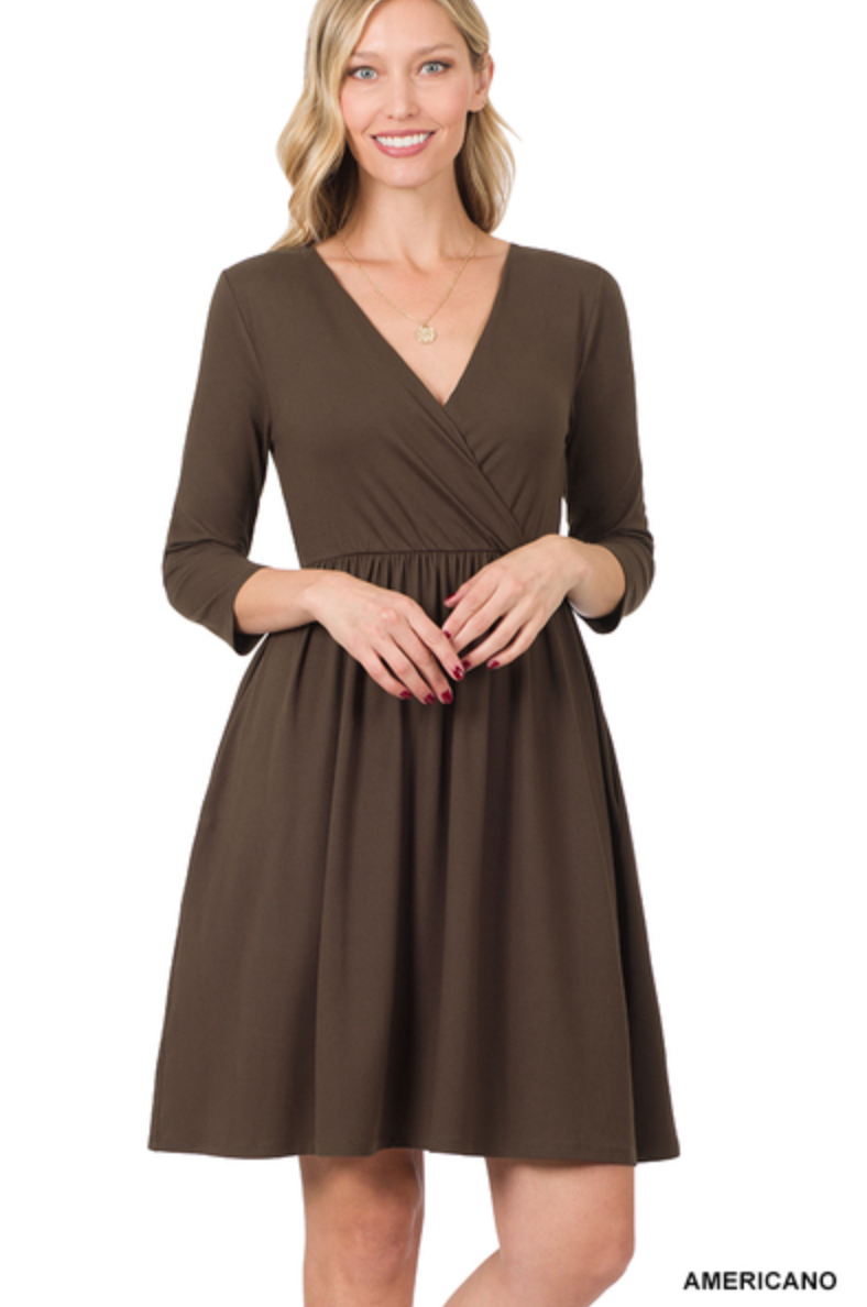 BRUSHED DTY BUTTERY SOFT FABRIC SURPLICE DRESS With Pockets