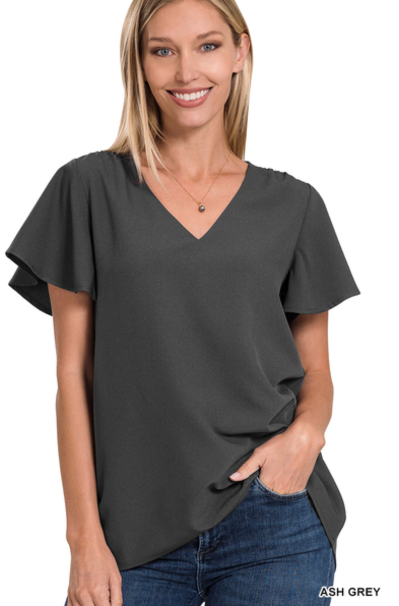 WOVEN FLUTTER SLEEVE V-NECK TOP