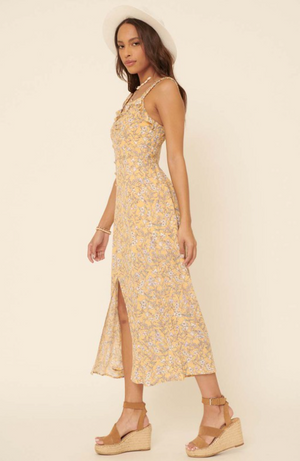 Floral Sweetheart Ruched Buttoned Slit Maxi Dress