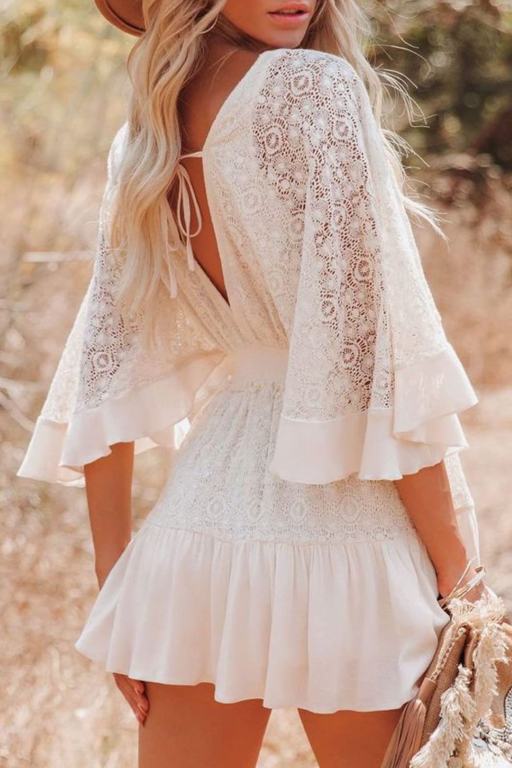 lace surplice detail dress Black Ditsy Lace Surplice Blouson Sleeve Mini Dress