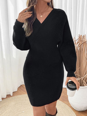 Surplice Long Sleeve Sweater Dress