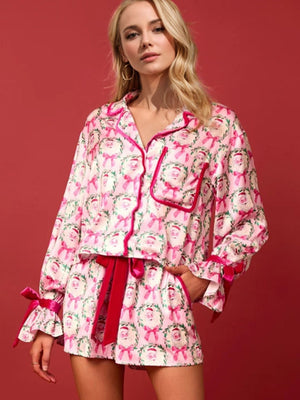 Christmas Tied Printed Collared Neck Long Sleeve Top and Shorts Set