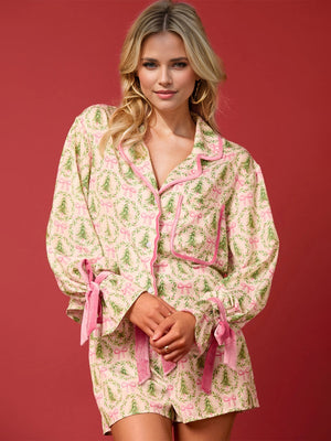 Christmas Tied Printed Collared Neck Long Sleeve Top and Shorts Set