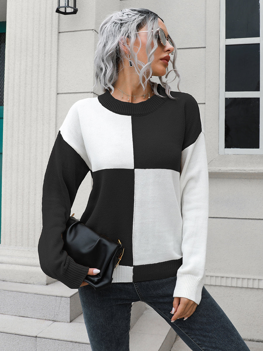 Checkered Contrast Shoulder Sweater