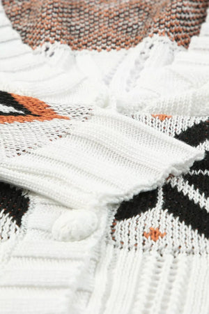 White Tribal Pattern Hollowed Knit Long Cardigan