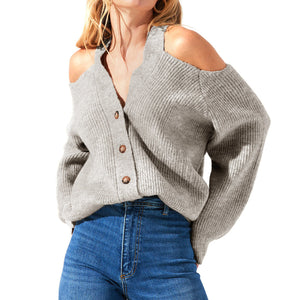 Knitted Cold Shoulder Button Down Balloon Sleeve Sweaters