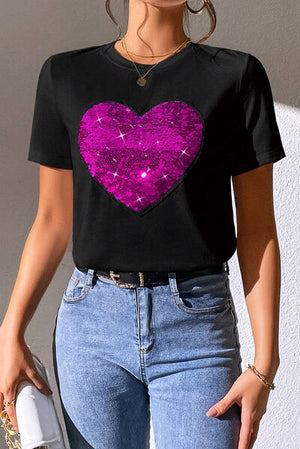 Heart Sequin Round Neck Short Sleeve T-Shirt