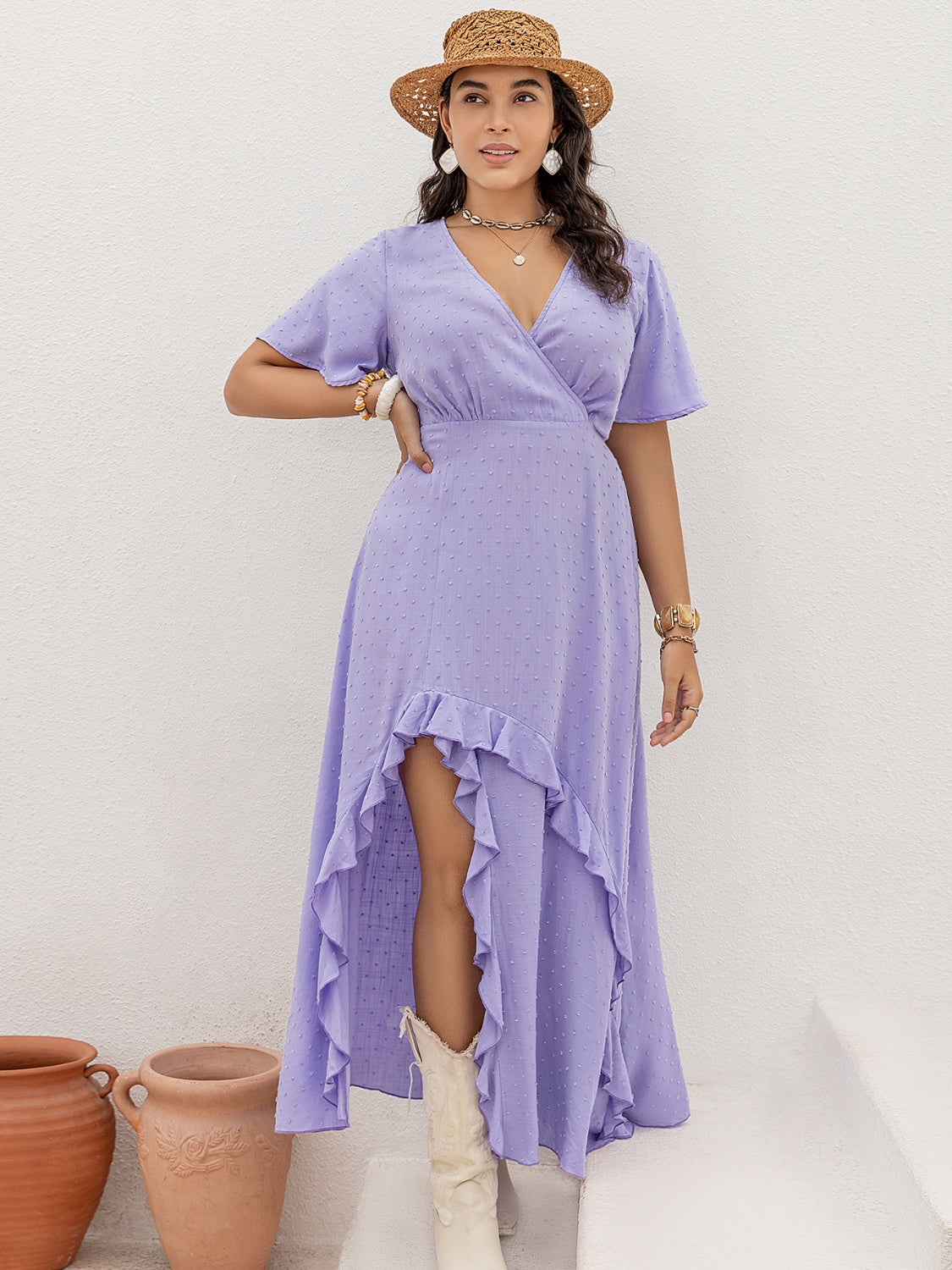 purple swiss dot dress S13-10-2-YMD10115V-LVD - SWISS DOT RUFFLE CAP SLEEVE TIERED DRESS