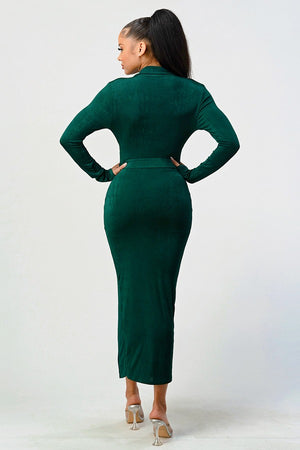Belted Slit Side Wrap Dress in Black & Elegant Green