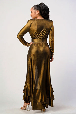 Asymmetrical Ruffled Hem Belted long Sleeve Dress in Silver & Gold