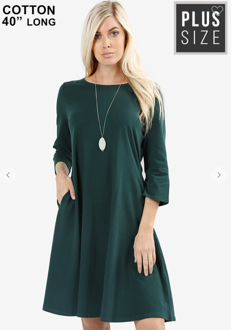 Green Plus Size 3/4 SLEEVE CLASSIC A-LINE POCKETS DRESS