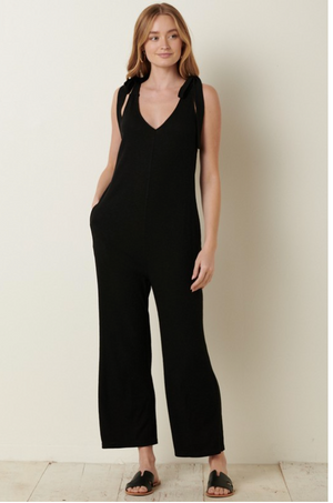 RIB KNIT CROSS BACK JUMPSUIT with Pockets