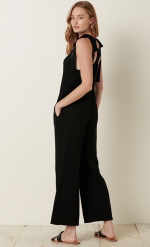 RIB KNIT CROSS BACK JUMPSUIT with Pockets