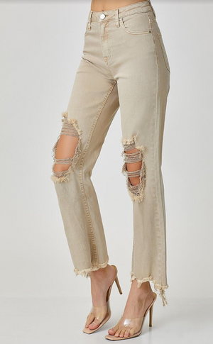 RISEN HIGH RISE STRAIGHT CROP MOM JEANS in Brick & Sand
