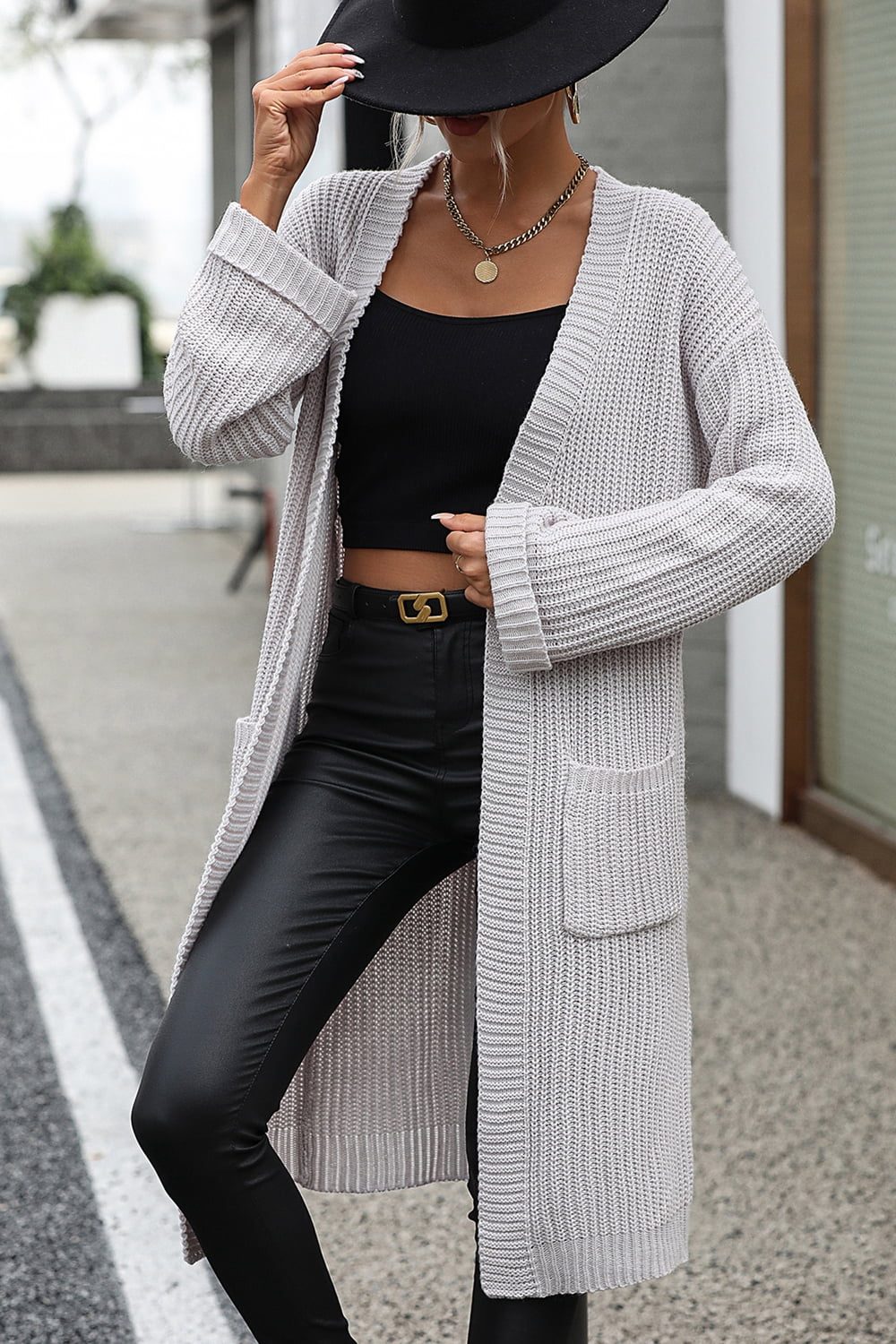 Dropped Shoulder Long Sleeve Cardigan with Pockets