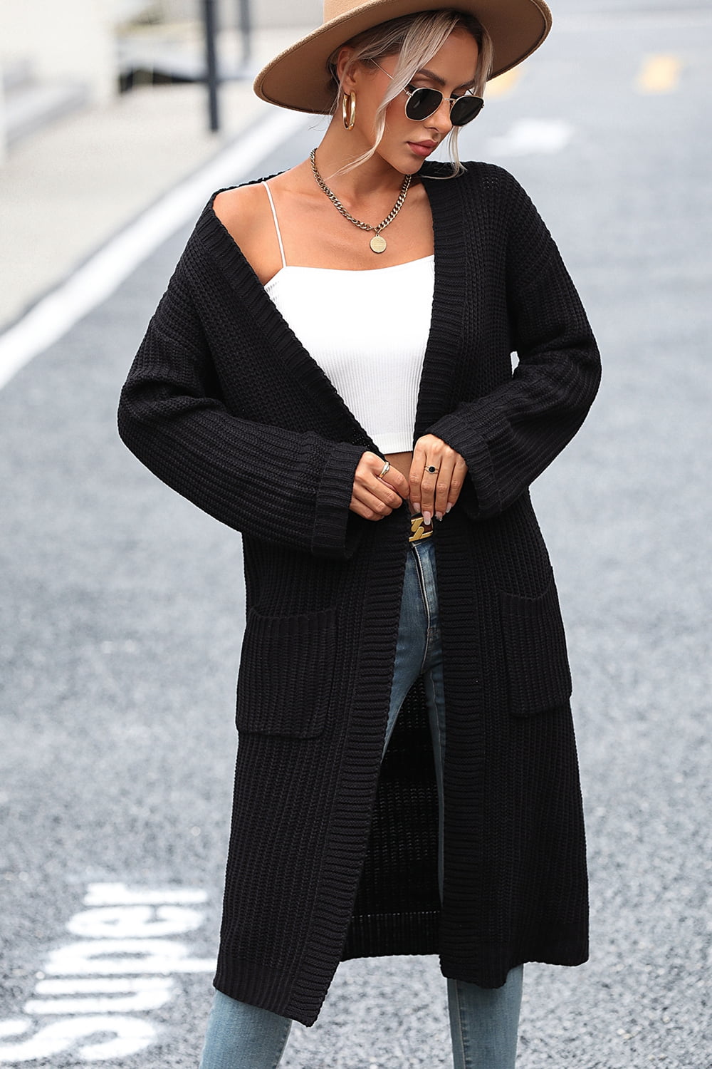 Dropped Shoulder Long Sleeve Cardigan with Pockets