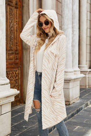 Printed Open Front Hooded Longline Cardigan