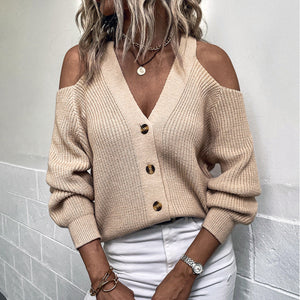 Knitted Cold Shoulder Button Down Balloon Sleeve Sweaters