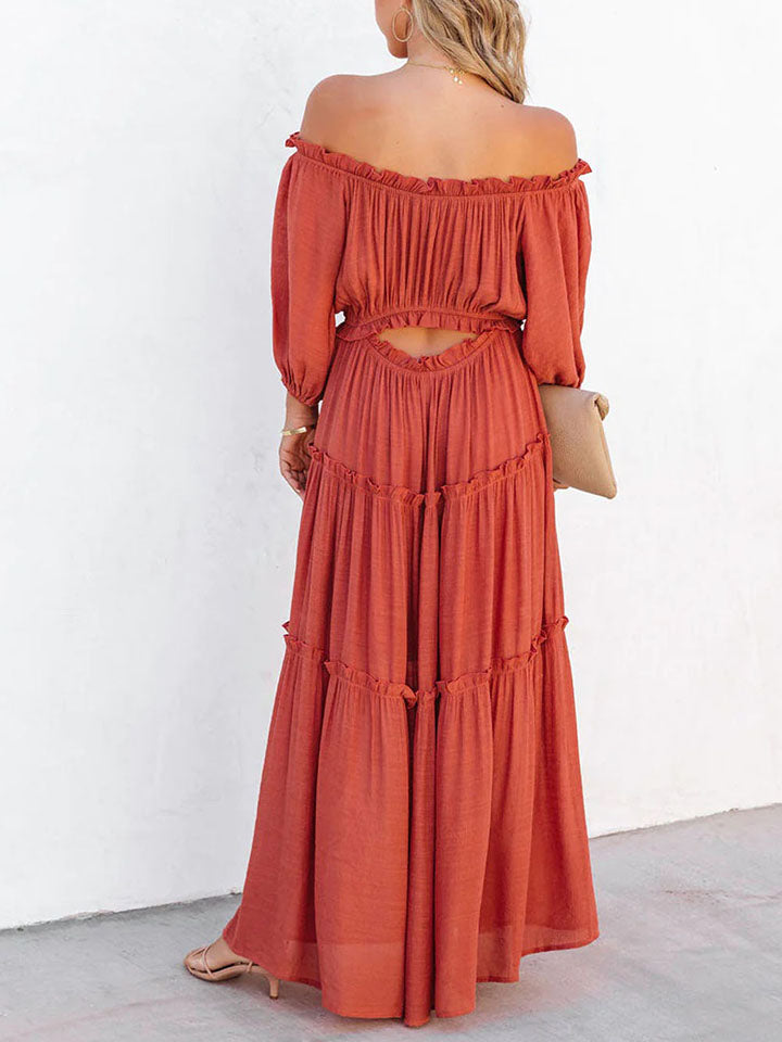 Ruffle Trim Off Shoulder Long Sleeve Maxi Dress Blessed Boujee Boutique