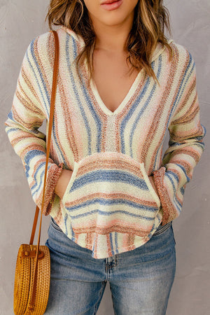 Multicolor Striped Knit Kangaroo Pocket Hooded Sweater