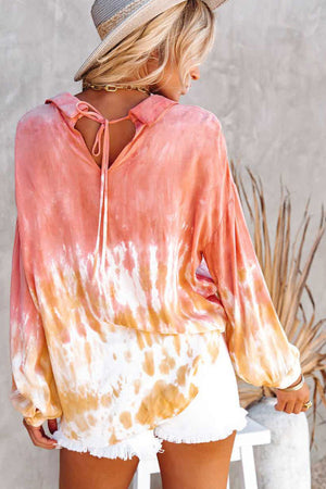Tie Dye Print Lace-Up Buttoned Henley Top